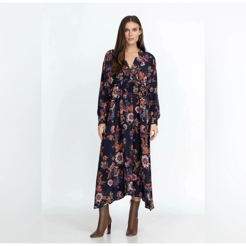 Johnny Was Jade Athena Midi Dress Blue Long Sleeve Tie Back S Silk Current $458